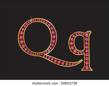 Qq in stunning ruby precious round jewels set into a 2-level gold gradient channel setting, isolated on black. Vector EPS-10 file, transparency used. 