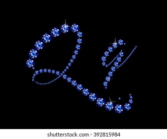 Qq in stunning Sapphire Script precious round jewels, isolated on black. Vector EPS-10 file, transparency used. 