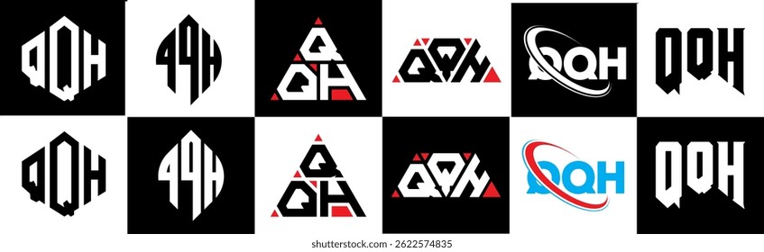 QQH letter logo design in six style. QQH polygon, circle, triangle, hexagon, flat and simple style with black and white color variation letter logo set in one artboard. QQH minimalist and classic logo