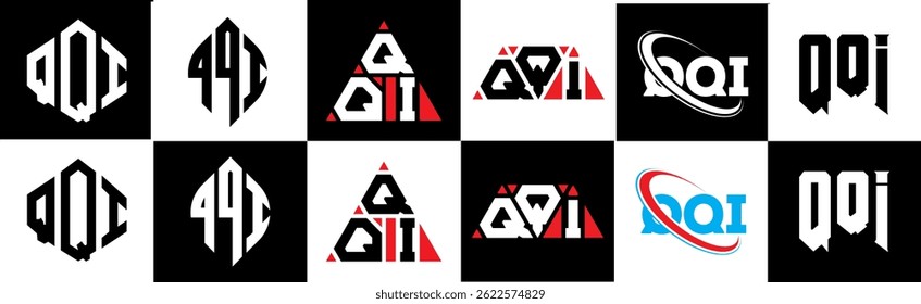 QQI letter logo design in six style. QQI polygon, circle, triangle, hexagon, flat and simple style with black and white color variation letter logo set in one artboard. QQI minimalist and classic logo
