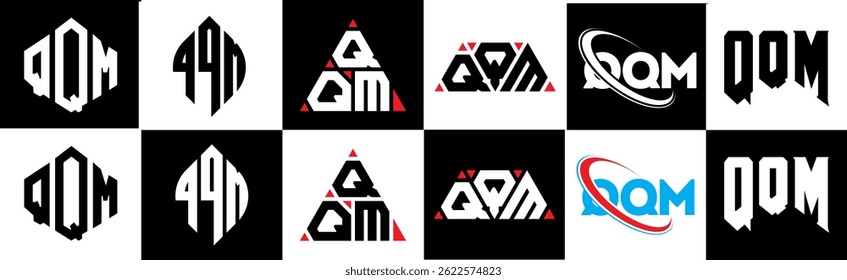 QQM letter logo design in six style. QQM polygon, circle, triangle, hexagon, flat and simple style with black and white color variation letter logo set in one artboard. QQM minimalist and classic logo