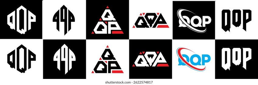 QQP letter logo design in six style. QQP polygon, circle, triangle, hexagon, flat and simple style with black and white color variation letter logo set in one artboard. QQP minimalist and classic logo