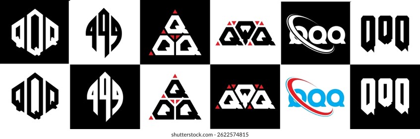 QQQ letter logo design in six style. QQQ polygon, circle, triangle, hexagon, flat and simple style with black and white color variation letter logo set in one artboard. QQQ minimalist and classic logo