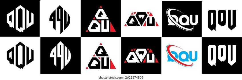 QQU letter logo design in six style. QQU polygon, circle, triangle, hexagon, flat and simple style with black and white color variation letter logo set in one artboard. QQU minimalist and classic logo