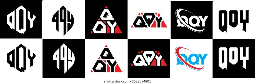QQY letter logo design in six style. QQY polygon, circle, triangle, hexagon, flat and simple style with black and white color variation letter logo set in one artboard. QQY minimalist and classic logo