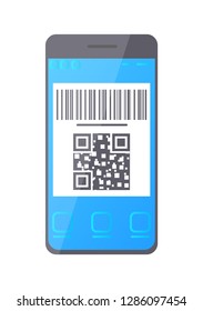 QR barcode, smartphone screen monitor vector. Icon information about product, identification of item at online shop symbol with encoded digital info