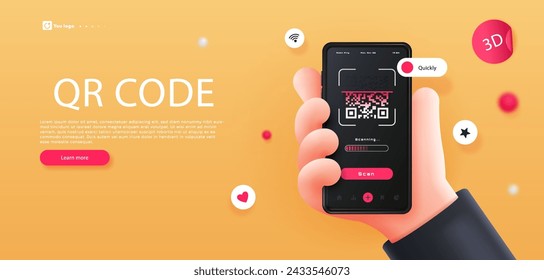 QR code 3d banner. Smartphone with barcode reader.Mobile application. Businessman with phone with electronic wallet. Digital transfer. Landing webpage design. Cartoon isometric vector illustration