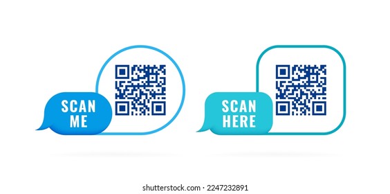 La burbuja de voz 3d del código QR con inscripción me escanea y escanea aquí. Código Qr para smartphone, pago, web, aplicación móvil, ecommerce. Ilustración vectorial.