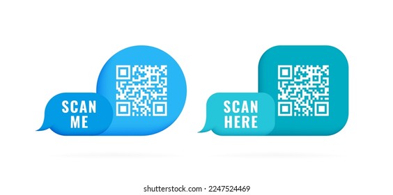 QR code 3d speech bubble with inscription scan me and scan here. Qr code for smartphone, payment, web, mobile app, ecommerce. Vector illustration.