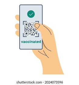 Qr-Code zur Impfung gegen Covid. Der elektronische Code ist am Telefon. Die Hand hält einen Bildschirm, auf dem ein grüner Text über die Impfung steht. Vektorgrafik