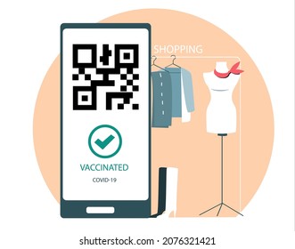 QR code about vaccination in the phone for shopping at the mall. Antiviral measures.