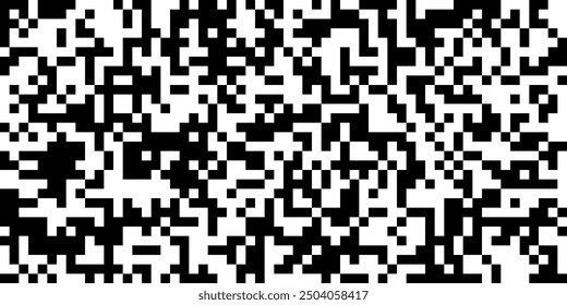 QR code abstract seamless pattern with black and white chaotic squares. Bw bg with matrix of encoded message or binary code for scanning by computer or smartphone. Vector monochrome tech background