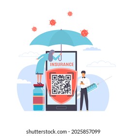 QR code after vaccination. Vaccine registration, huge syringe and smartphone with code on screen, immune system development, coronavirus prevention, Covid-19 medical vector concept