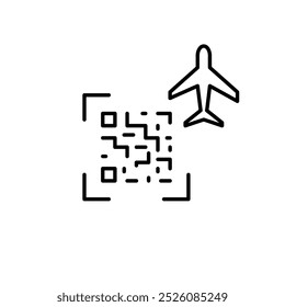 Qr code with airplane. Contactless flight check-in and boarding. Pixel perfect, editable stroke icon