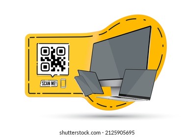 QR code application link for devices, set with a laptop, tablet, smartphone, a desktop computer with a blank screen - eps 10 vector format