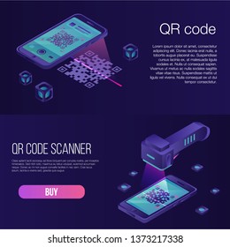 QR code banner set. Isometric set of QR code vector banner for web design