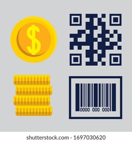 qr code bar and coins design of technology scan information business price communication barcode digital and data theme Vector illustration