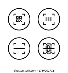 QR code, barcode and finger scan icons set. Line vector. Isolate on white background.