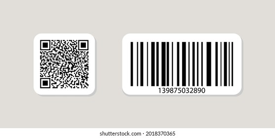 Qr code and barcode icon. Qrcode for scan. Tag for price, sku and data on product. Different logo for scanner. Square pictogram symbol for scanning application. Black binary code. Vector.