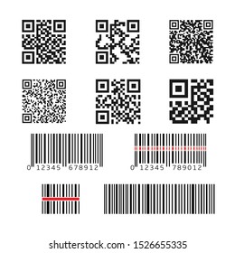 QR code and barcode icon set. Code stripes sticker, digital bar label Vector illustration