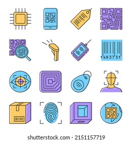 Qr code and barcode icon set in line style. Qrcodes and identification symbols collection. Vector illustration.