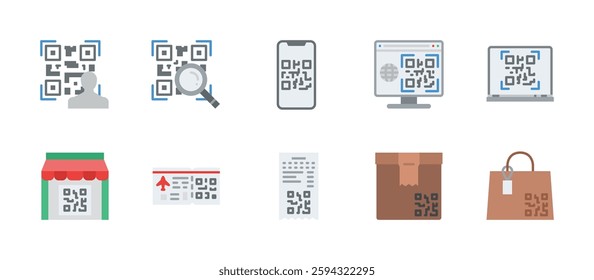 qr code and barcode icons. flat color style icon set