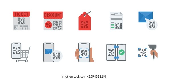 qr code and barcode icons. flat color style icon set