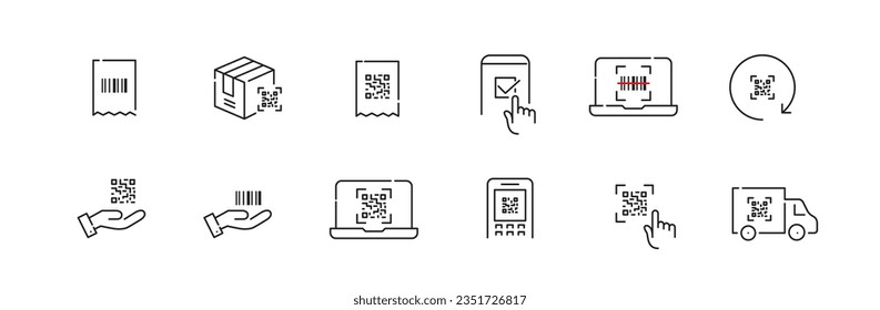 Qr code and barcode icons. Payment terminal, delivery tracking and approved link. Pixel perfect, editable stroke