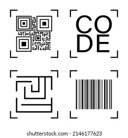 QR code, Barcode, RFID Vector Line Icons Set. 4 check code icons isolaited on white background. Computer examination of the product using a scanner, price information web graphics