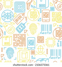 Qr code and barcode seamless pattern in line style. Background with identification technology symbols. Vector illustration