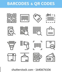 QR Code and Barcode vector icons with scanner, ticket, phone, package, reader .Thin line icons for digital, web and identification isolate on white background. Technology concept