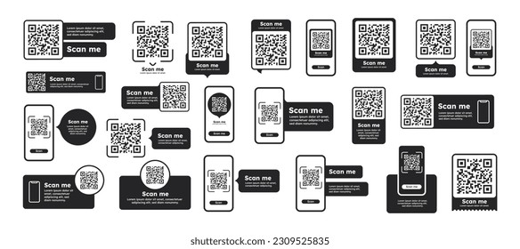 QR code big set. Pack of sings and symbols for store or shop, market. Modern technologies and digital world. Internet and online page. Flat vector collection isolated on white background