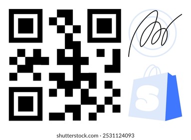 QR code with black squares, a blue shopping bag icon containing the letter S, and a simplistic signature in the top right corner. Ideal for e-commerce, marketing, branding, digital transactions