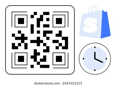 Código QR en blanco y negro, bolso de compras azul con una S blanca y reloj redondo con una cara azul claro y manos negras. Ideal para comercio electrónico, gestión del tiempo, compras modernas, transacciones digitales