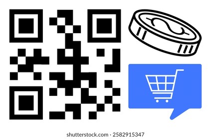 QR code, blue shopping cart icon within dialog box, and coin symbol indicate e-commerce and digital payment options. Ideal for online shopping, contactless transactions, mobile wallets, retail