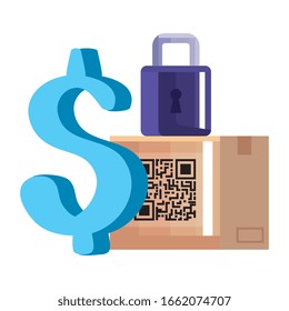 qr code box dollar and padlock design of technology scan information business price communication barcode digital and data theme Vector illustration