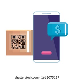 qr code box and smartphone design of technology scan information business price communication barcode digital and data theme Vector illustration