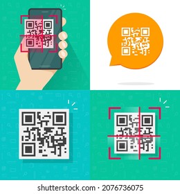 Qr code can on mobile cell phone and barcode icon identification on person cellphone man hand flat cartoon illustration, pictogram isolated on white color background 