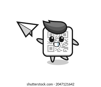 qr code cartoon character throwing paper airplane , cute design