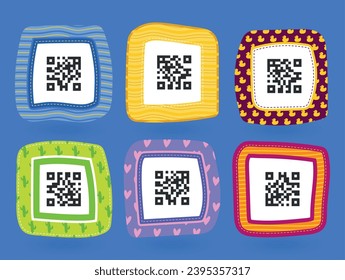 QR code with cartoon frame product information identification for scan technology set vector flat illustration. Binary coding matrix business communication funny childish border stripe cactus duck