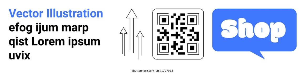 Código QR centralizado com três setas apontando para cima e para a esquerda. À direita, um balão de fala azul com a palavra Shop. Ideal para promoções de negócios, integração de tecnologia, e-commerce e marketing