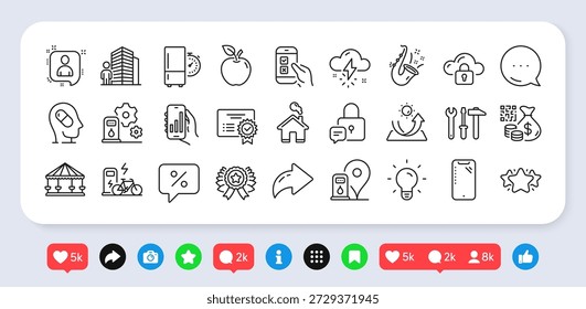 Pacote de ícones de linha de proteção Qr code, Certificate e Sun. Redes sociais: compartilhar, comentar, curtir ícones. Apple, Mensagem de desconto, Bloquear ícone da Web. Casa, Jazz, pictograma meteorológico da tempestade. Vetor