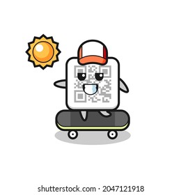 qr code character illustration ride a skateboard , cute design
