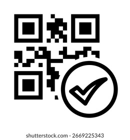 A QR code with a check mark inside a circle indicates successful scanning and data validation This graphic is great for illustrating digital access and secure authentication.