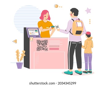 Qr code check-in, scanning at cinema entrance, flat vector illustration. Contactless Qr code visitor registration system.