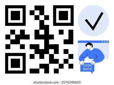 QR code with checkmark signifies online security and verification. Person holding cashback symbolizes financial transactions. Ideal for online payments financial security cashback offers mobile