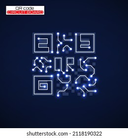 Qr code with Circuit board logo. Technology code, barcode identification. Vector illustration