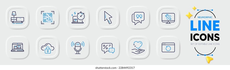 Qr code, Cloud protection and Monitor repair line icons for web app. Pack of Web inventory, Dresser, Hold heart pictogram icons. Delivery online, Cursor, Microphone signs. Quote bubble. Vector