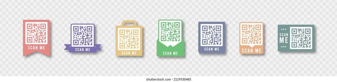 Qr code color frame set. Template of frames for QR code with text - scan me. Quick Response codes for smartphone, mobile app, payment and discounts. Vector illustration.