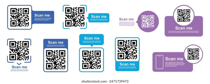 QR code color set. Barcodes with text scan me. Marketing and electronic commerce. Poster or banner for website. Flat vector